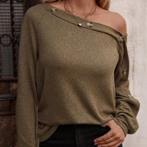 Off Shoulder Long Sleeve Button Accent Top